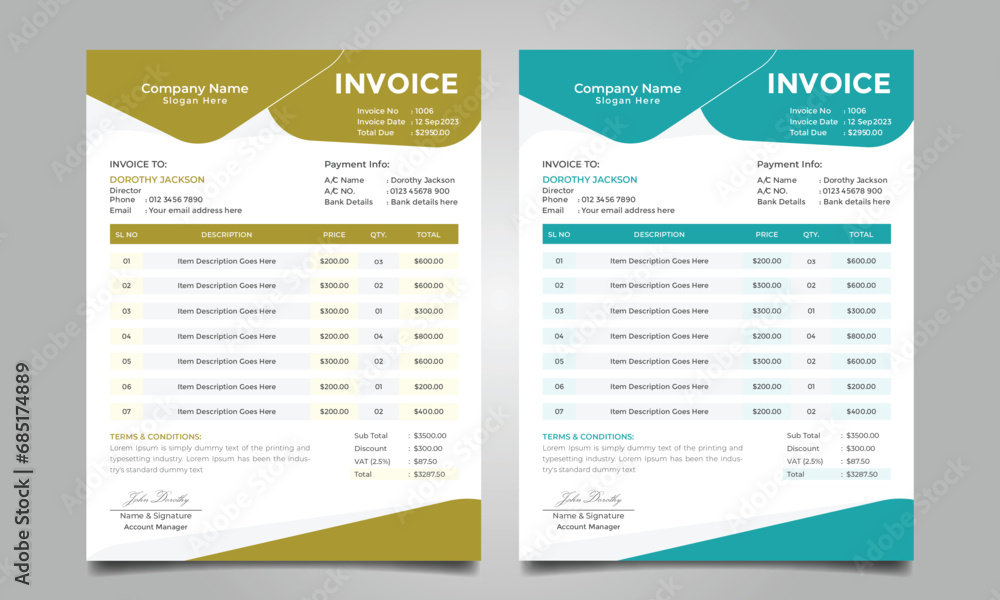 creative, clean and corporate business invoice template with two color variation invoice design bundle for company