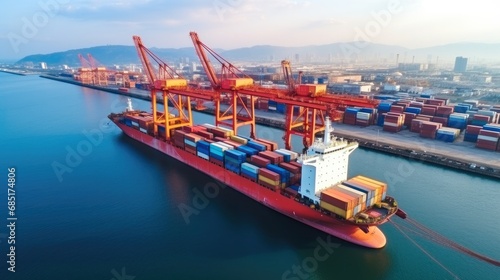 aerial view of Logistics and transportation of Container Cargo ship with working crane bridge in shipyard , logistic import export and transport industry background