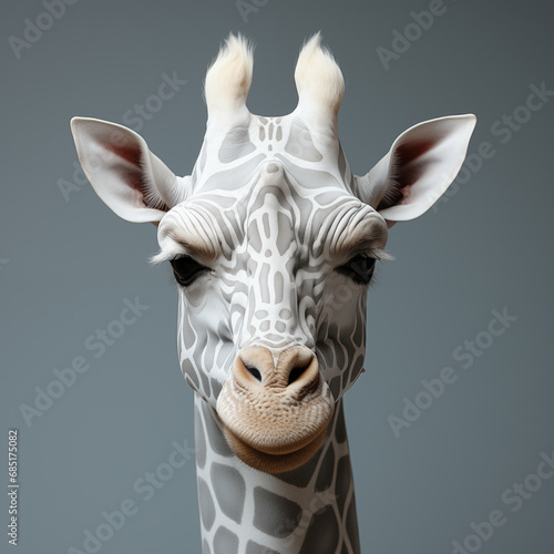 Adult giraffe portrait on a gray background.