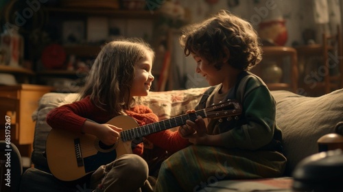 two child playing guitar