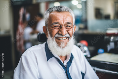 Portrait of happy turkish elder man with haircut in barbershop background, barber shop for pensioner concept