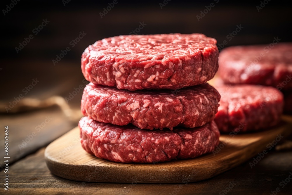 raw cutlets on a wooden board for burger raw cutlets on a wooden board for burger