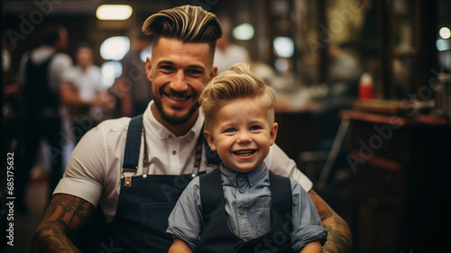 Happy hipster family child boy son and dad in barbershop with fashion haircut, background barber shop lifestyle.