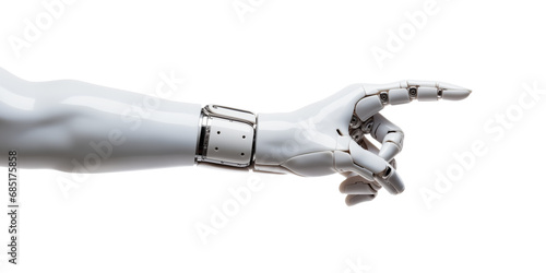 Robot hand pointing index finger, showing gesture, isolated on white background