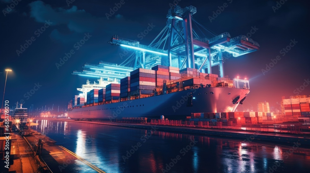 Naklejka premium Night view of the large container ship in the container port. Tracking of loading and delivery. Logistics solutions in the future.