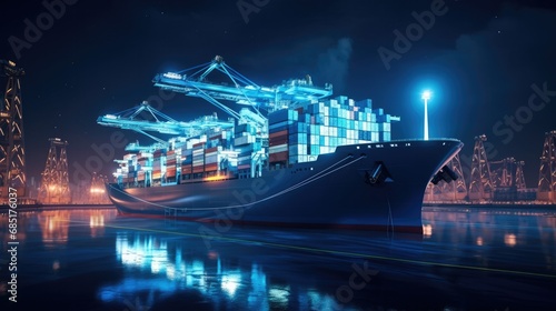 Night view of the large container ship in the container port. Tracking of loading and delivery. Logistics solutions in the future.