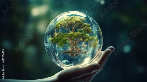 crystal glass globe ball and green energy in hand saving the environment photo