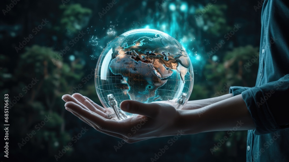 Obraz na płótnie crystal glass globe ball and green energy in hand saving the environment w salonie