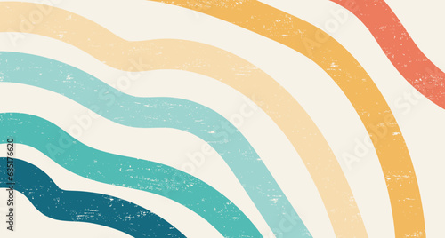 Abstract Colorful vintage 1970 Hippie Retro Minimal stylish wallpaper background of rainbow groovy Wavy Line design with dirty texture. use to cloth, textile, poster, banner, decorative, wall art.