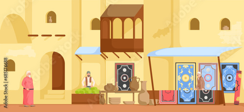 Arabian small town market, cityscape architecture, cartoon buildings, carpet trader, muslim antique mosque, traditional town. Authentic middle east religion urban house. Vector illustration