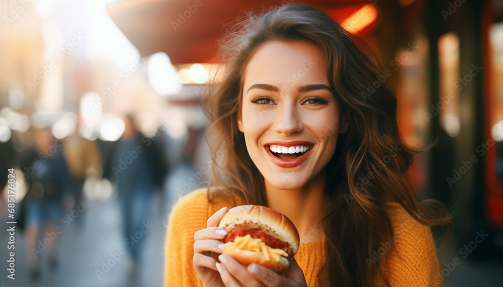 Cheerful young woman and street food in city. Woman with hamburger in hands. Cheerful young woman and street food in city. Woman with hamburger in hands.