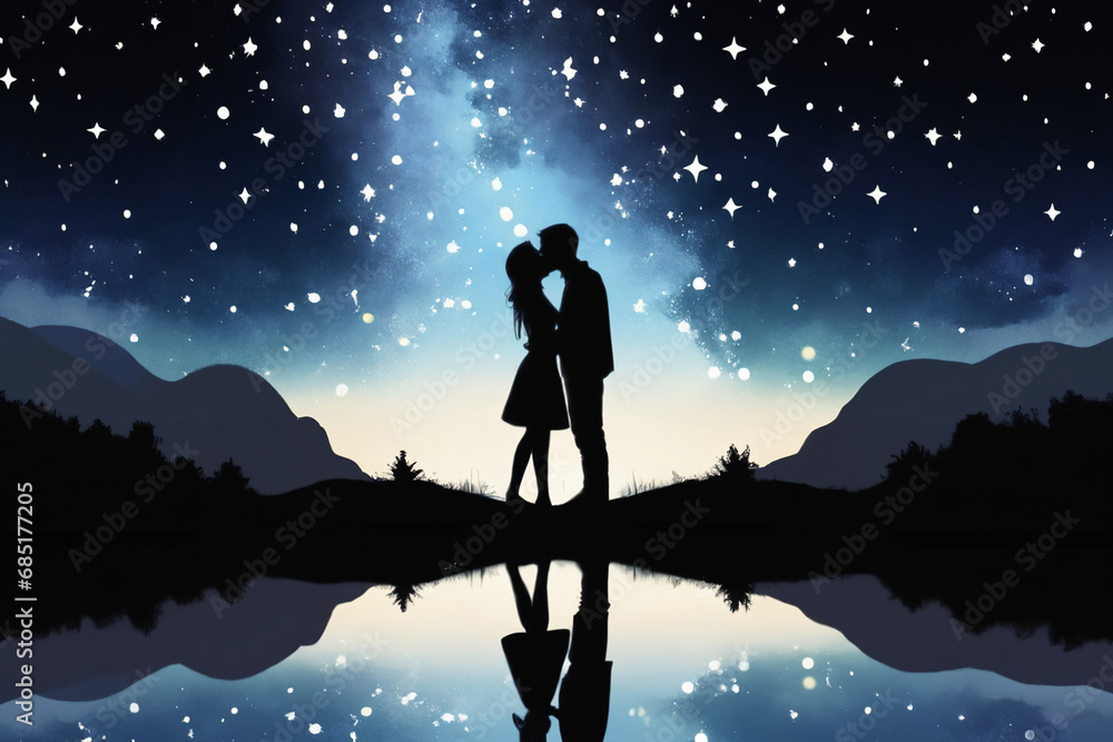 2D silhouette of a couple sharing a kiss against a starry night