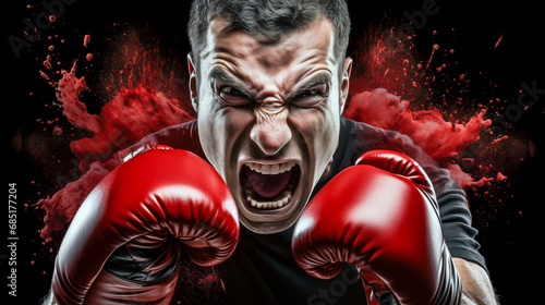 Man with red boxing gloves on his hands shouting at camera.  © AB-lifepct
