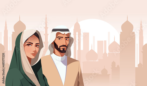Arabic woman, man, middle east female, male. Traditional mosque cityscape panoramic view. Young attractive muslim lady, handsome person, gorgeous person wearing hijab, blue scarf. Vector illustration.