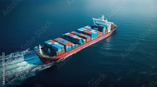 aerial top view of a container ship in the ocean, serving as a vital link for global business logistics, freight shipping,