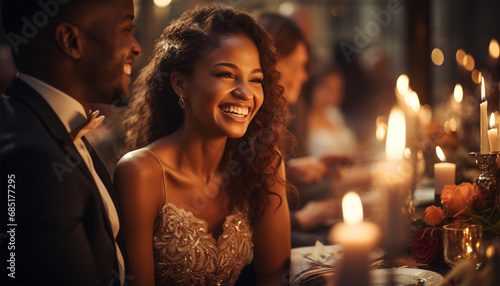 Beautiful African American Bride and Groom Celebrate Wedding at an Evening Reception Party with Multiethnic Friends. Married Couple at a Dinner Table bokeh sparkling lights. having fun with friends 