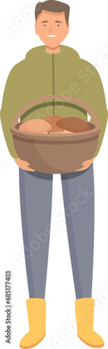 Mushroom picker with full basket icon cartoon vector. Season natural fungus. Full food forest