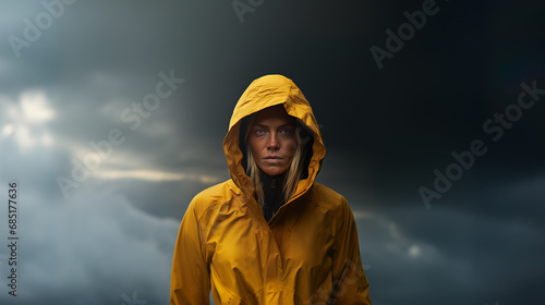 Serious blonde woman in yellow rain jacket standing in front of stormy clouds © IBEX.Media