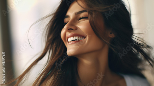 Candid Close-up of stunning woman's smile and messy hair photo