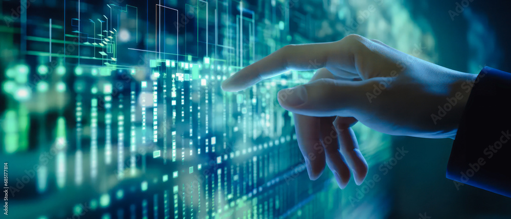 A businessman touches the interface with his finger while analyzing financial data for long-term investment growth and maintaining the financial balance of the company. A businessman touches the interface with his finger while analyzing financial data for long-term investment growth and maintaining the financial balance of the company.