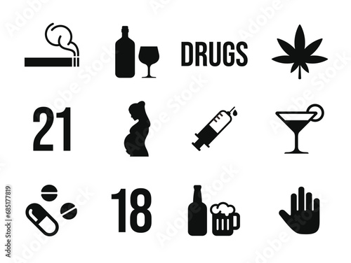 Smoke, drugs, alcohol icon set isolated on white background