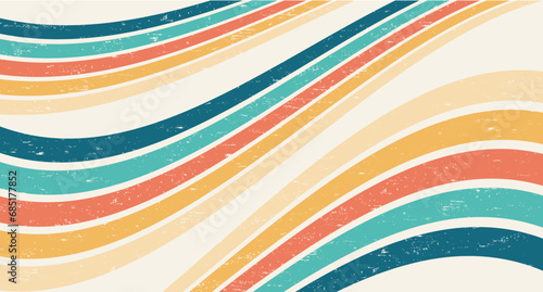 Abstract Colorful vintage 1970 Hippie Retro Minimal stylish wallpaper background of rainbow groovy Wavy Line design with dirty texture. use to cloth, textile, poster, banner, decorative, wall art.