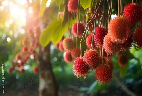 fresh rambutan fruit on the tree. generative ai © LivroomStudio