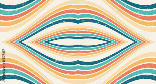 Abstract Colorful vintage 1970 Hippie Retro Minimal stylish wallpaper background of rainbow groovy Wavy Line design with dirty texture. use to cloth, textile, poster, banner, decorative, wall art.