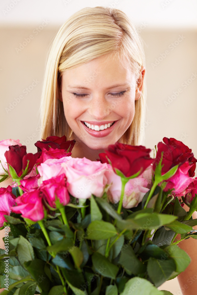 Woman, rose bouquet and eyes closed with smile, floral arrangement and background with gift, happy or surprise. Smell, female model or flowers for love, present and romantic valentines day Woman, rose bouquet and eyes closed with smile, floral arrangement and background with gift, happy or surprise. Smell, female model or flowers for love, present and romantic valentines day