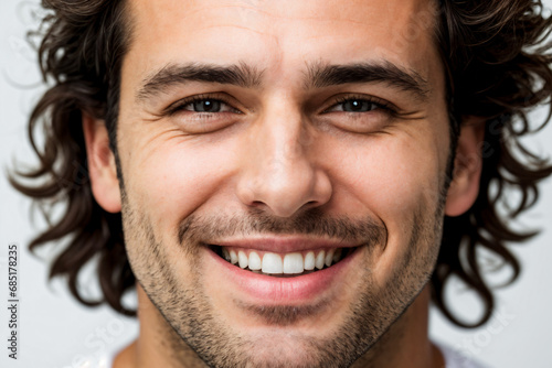Close-up portrait of a perfect smile happy man, white background