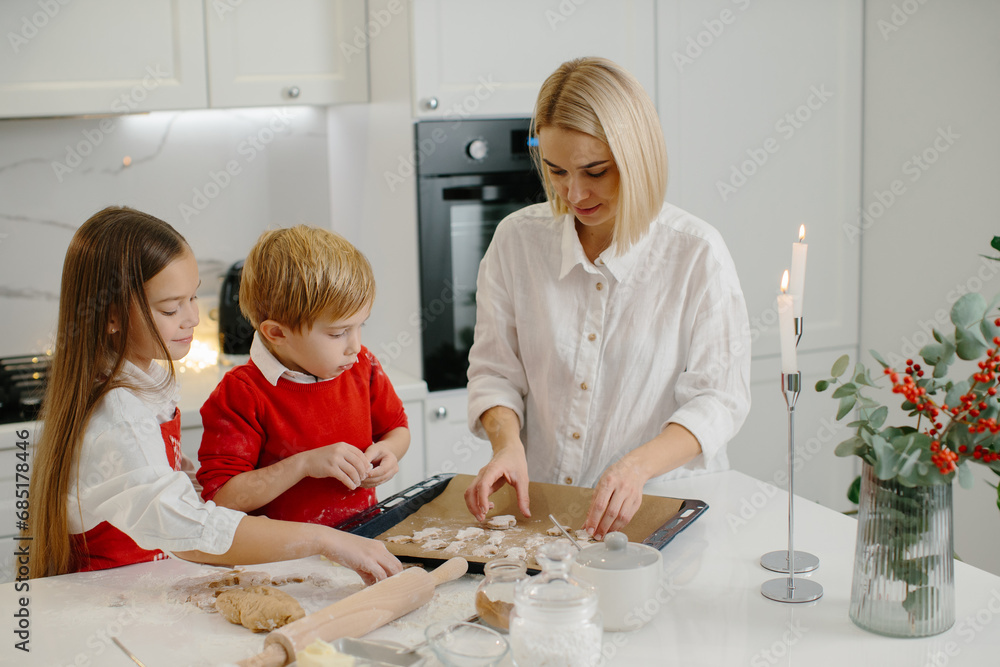 Young happy mother with children making Christmas gingerbread cookies and putting them on a tray in the kitchen. Young happy mother with children making Christmas gingerbread cookies and putting them on a tray in the kitchen.