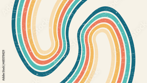 Abstract Colorful vintage 1970 Hippie Retro Minimal stylish wallpaper background of rainbow groovy Wavy Line design with dirty texture. use to cloth, textile, poster, banner, decorative, wall art.