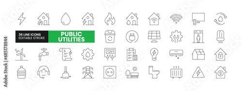 Set of 36 Public Utilities line icons set. Public Utilities outline icons with editable stroke collection. Includes Water, Fuel, Electricity, Solar House, Maintainence, and More.