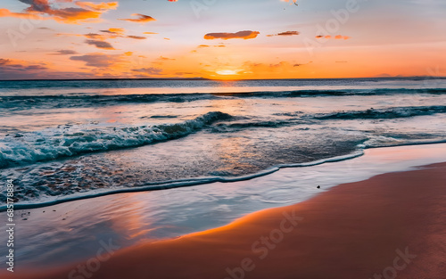 Tranquil Serenity  A Majestic Sunrise Over a Peaceful Beach with Gentle Waves