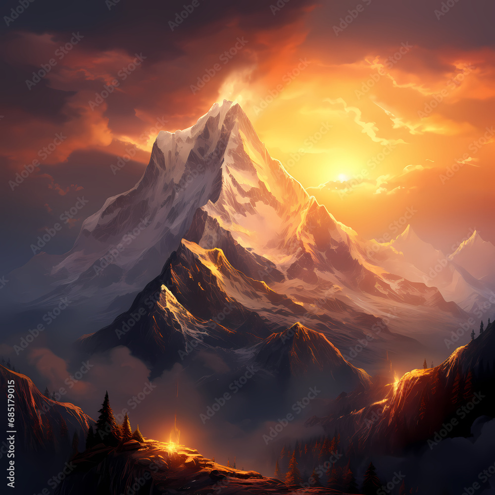 a snowy mountain peak at sunrise with a warm, golden glow