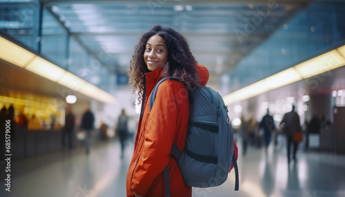 Young black woman with backpack standing in transportation station.