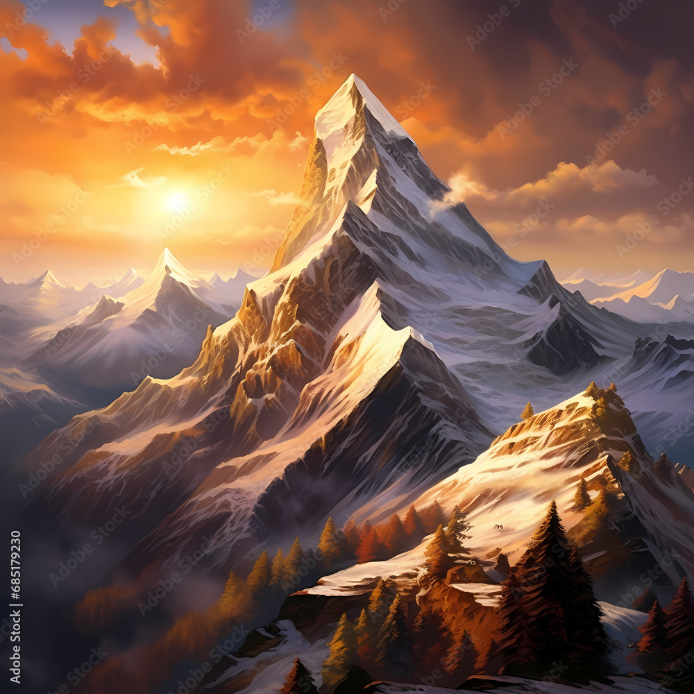 a snowy mountain peak at sunrise with a warm, golden glow
