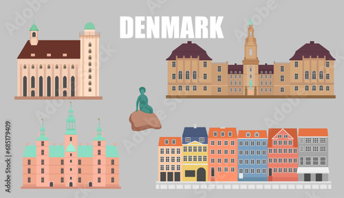 Architectural landmarks in Denmark Beautiful Architecture Vector Illustration