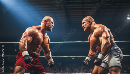 Two muscular build fighters standing on boxing ring and looking each other. Heavyweight fight  mixed martial arts.