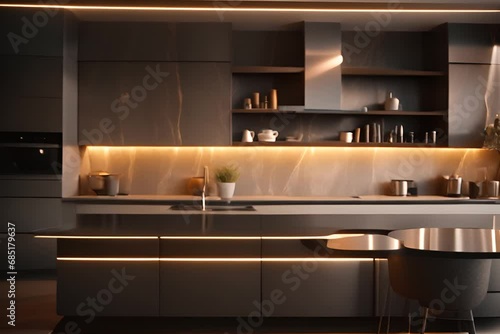 Stylish interior of contemporary kitchen with comfortable dining area and luxurious finishings. Details of designer kitchen
