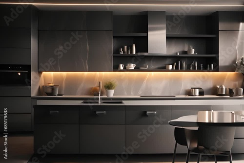 Stylish interior of contemporary kitchen with comfortable dining area and luxurious finishings. Details of designer kitchen
