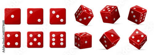 Straight and turned vegas casino red dice in row. One to six position cube. Take chance. Gambling addiction, risky money, lucky game. Isolated on white background. Vector illustration