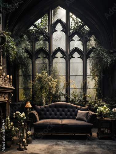 Gothic Living Room with Black Walls and Lush Greenery