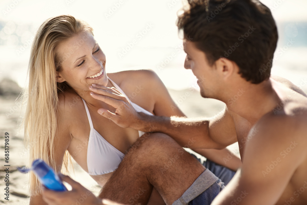 Beach, happy couple and apply sunscreen for summer hydration, skincare support or UV protection. Travel man helping relax woman, nature wife and girlfriend suncream application for skin SPF sunblock Beach, happy couple and apply sunscreen for summer hydration, skincare support or UV protection. Travel man helping relax woman, nature wife and girlfriend suncream application for skin SPF sunblock