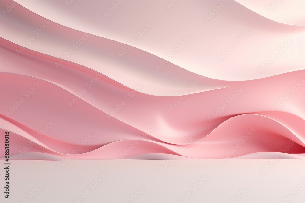 3Dイラスト風背景。淡いピンクのつやのある曲線的な壁がある抽象的な空間