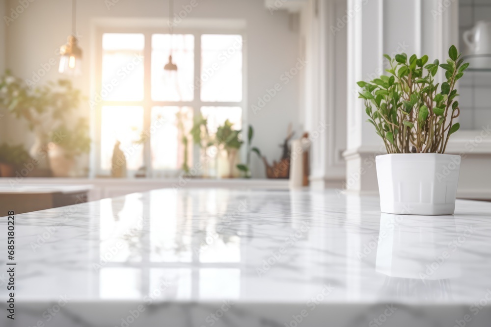 white and bright marble table foreground with blurred kitchen background white and bright marble table foreground with blurred kitchen background