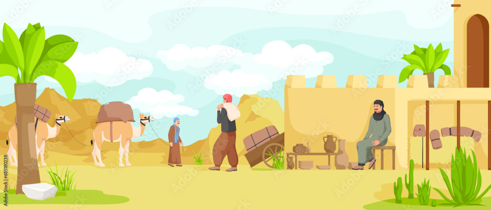 Arabian small town cityscape architecture, cartoon buildings, muslim antique mosque, traditional town. Camel caravan with bedouin. Authentic middle east religion urban house. Vector illustration - obrazy, fototapety, plakaty 