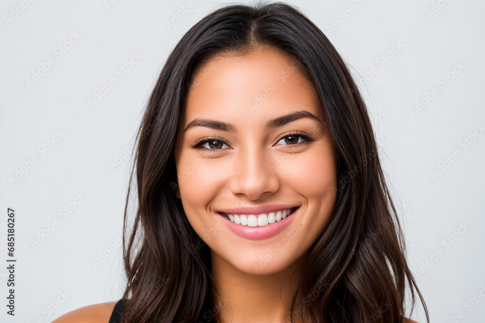 Close-up portrait of a perfect smile happy woman, white background Close-up portrait of a perfect smile happy woman, white background