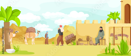 Arabian small town cityscape architecture  cartoon buildings  muslim antique mosque  traditional town. Camel caravan with bedouin. Authentic middle east religion urban house. Vector illustration