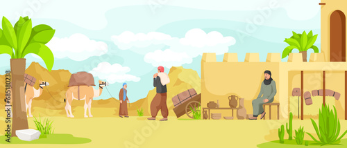 Arabian small town cityscape architecture, cartoon buildings, muslim antique mosque, traditional town. Camel caravan with bedouin. Authentic middle east religion urban house. Vector illustration
